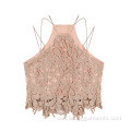 Sleeveless Hollow Out Lace Embroidery Crop Vest